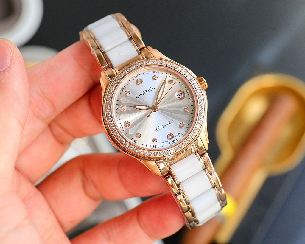 Chanel watch with white ceramic bracelet, rose-gold case, round white dial with logo