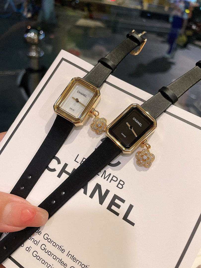 Chanel watches set: square black-dial and white-dial watches with black leather straps