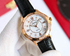 Chanel watch, black leather strap, rose-gold case, white clover dial