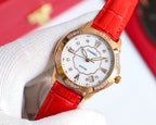 Chanel watch, red leather strap, rose-gold case, white clover dial, Roman markers
