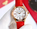 Chanel watch, red leather strap, white clover dial, rose-gold case, jeweled bezel