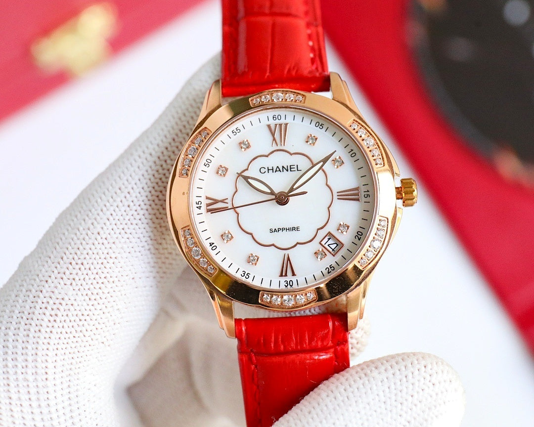 Chanel watch, red leather strap, white clover dial, rose-gold case, jeweled bezel