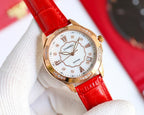 Chanel watch, red leather strap, rose-gold case, white dial with clover motif