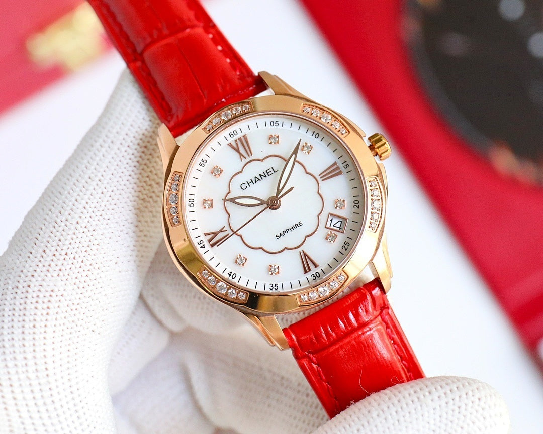 Chanel watch, red leather strap, rose-gold case, white dial with clover motif