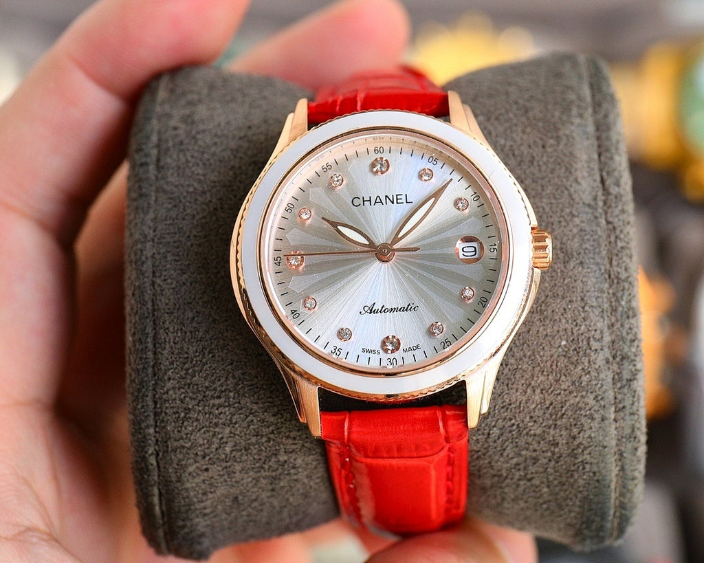 Chanel automatic watch with red leather strap and rose-gold case