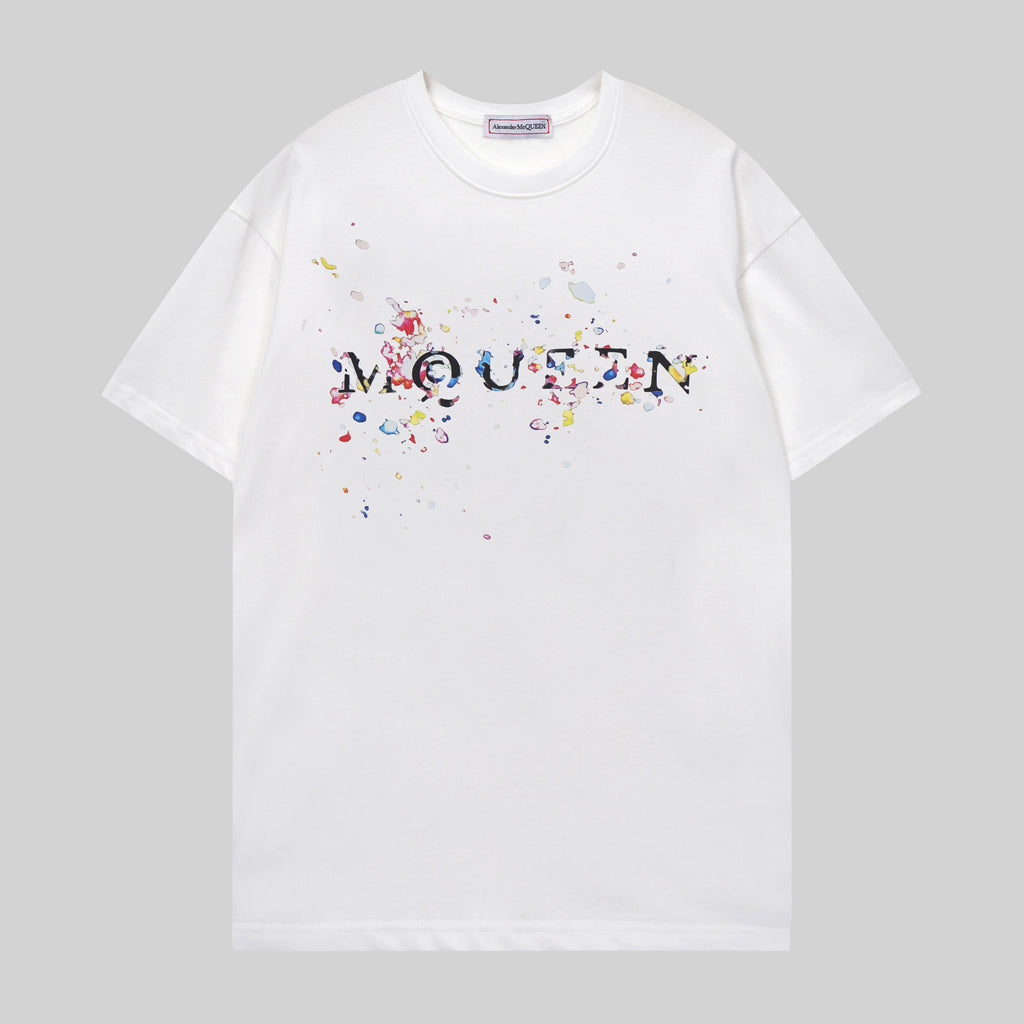 Alexander McQueen T-shirt, white, colorful splatter logo graphic across chest