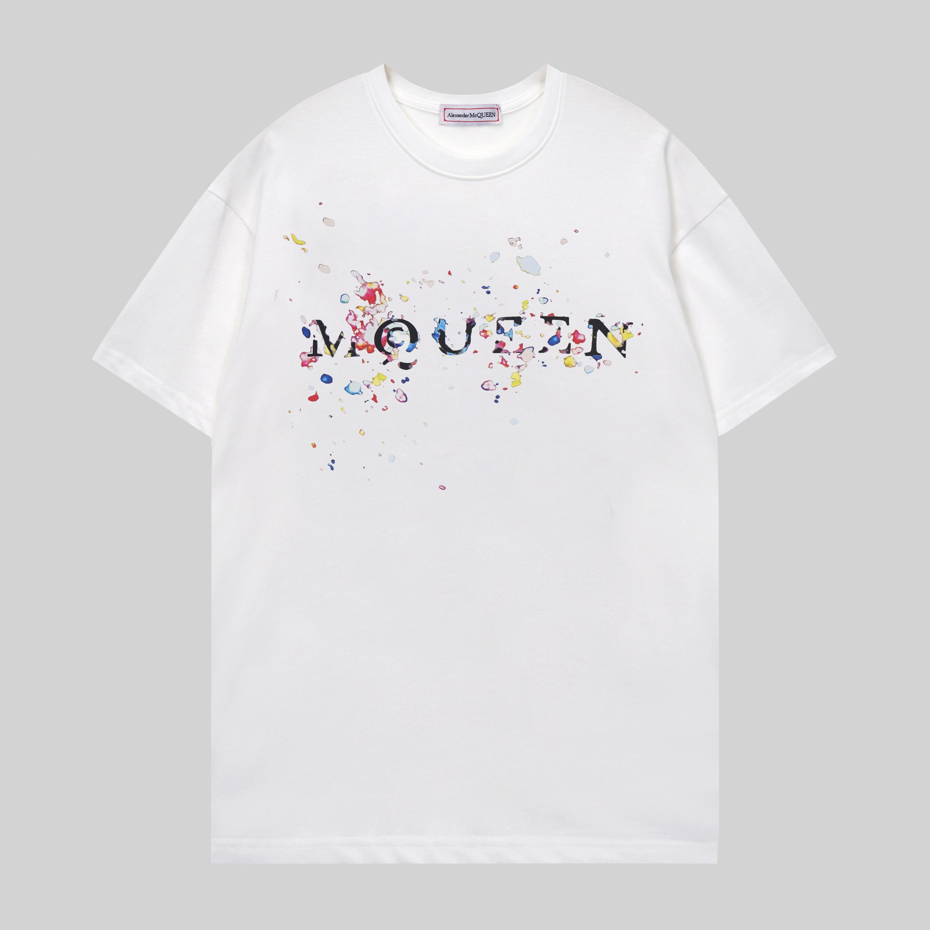 Alexander McQueen T-shirt, white, colorful splatter logo graphic across chest