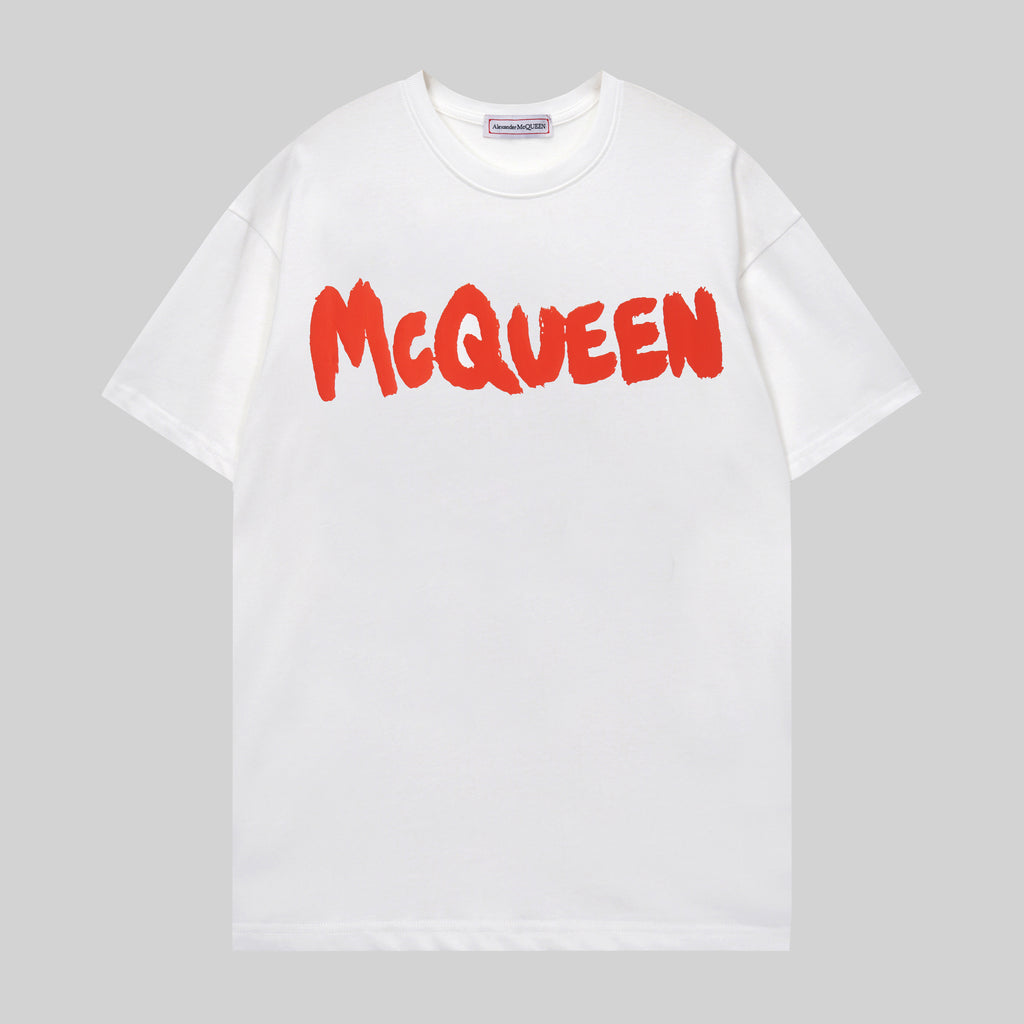 Alexander McQueen white T-shirt with red McQueen logo across chest