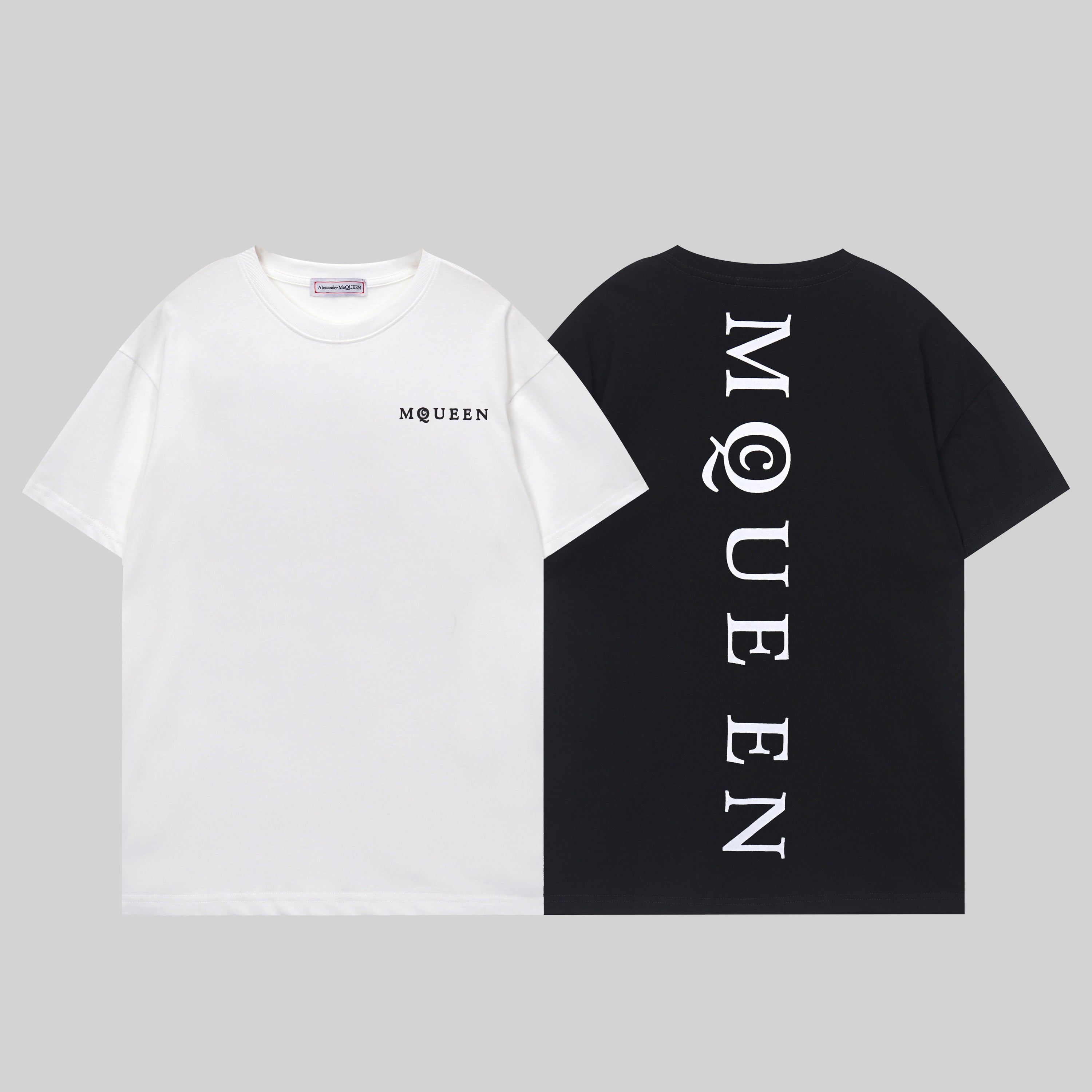Alexander McQueen crewneck T-shirts in white and black, front logo print on chest