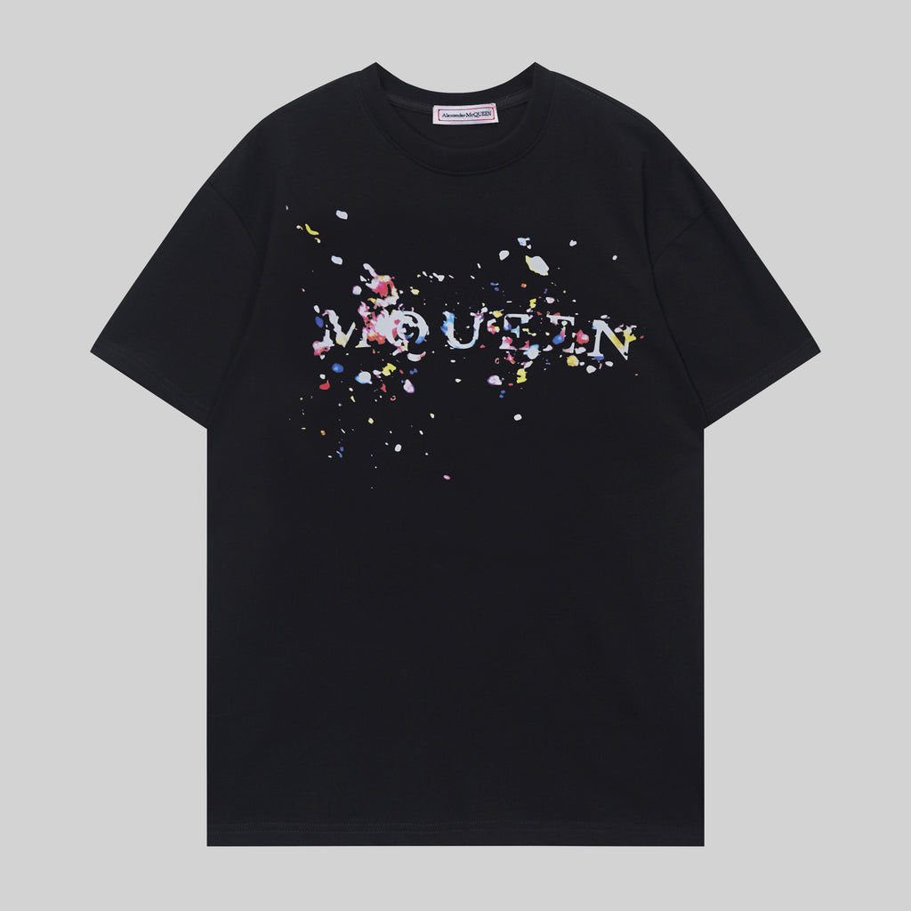 Alexander McQueen T-shirt, black, colorful splatter logo graphic across chest