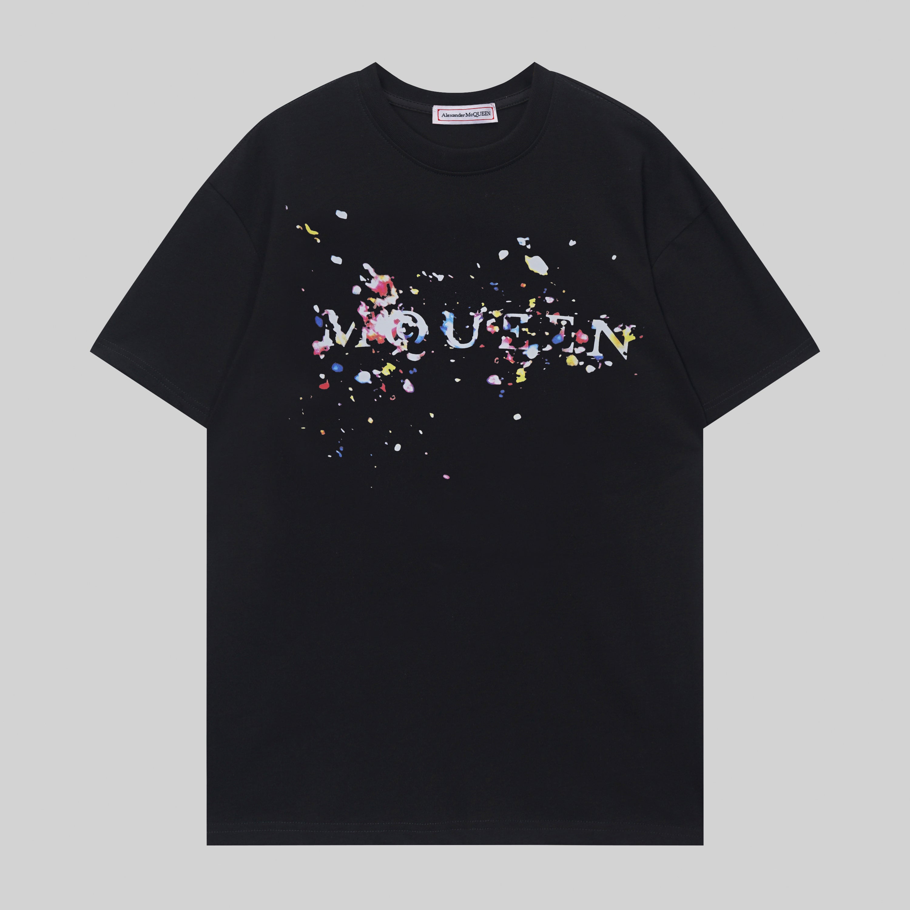 Alexander McQueen T-shirt, black, colorful splatter logo graphic across chest