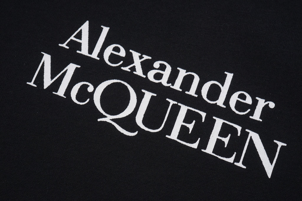 Alexander McQueen logo print on dark T-shirt fabric