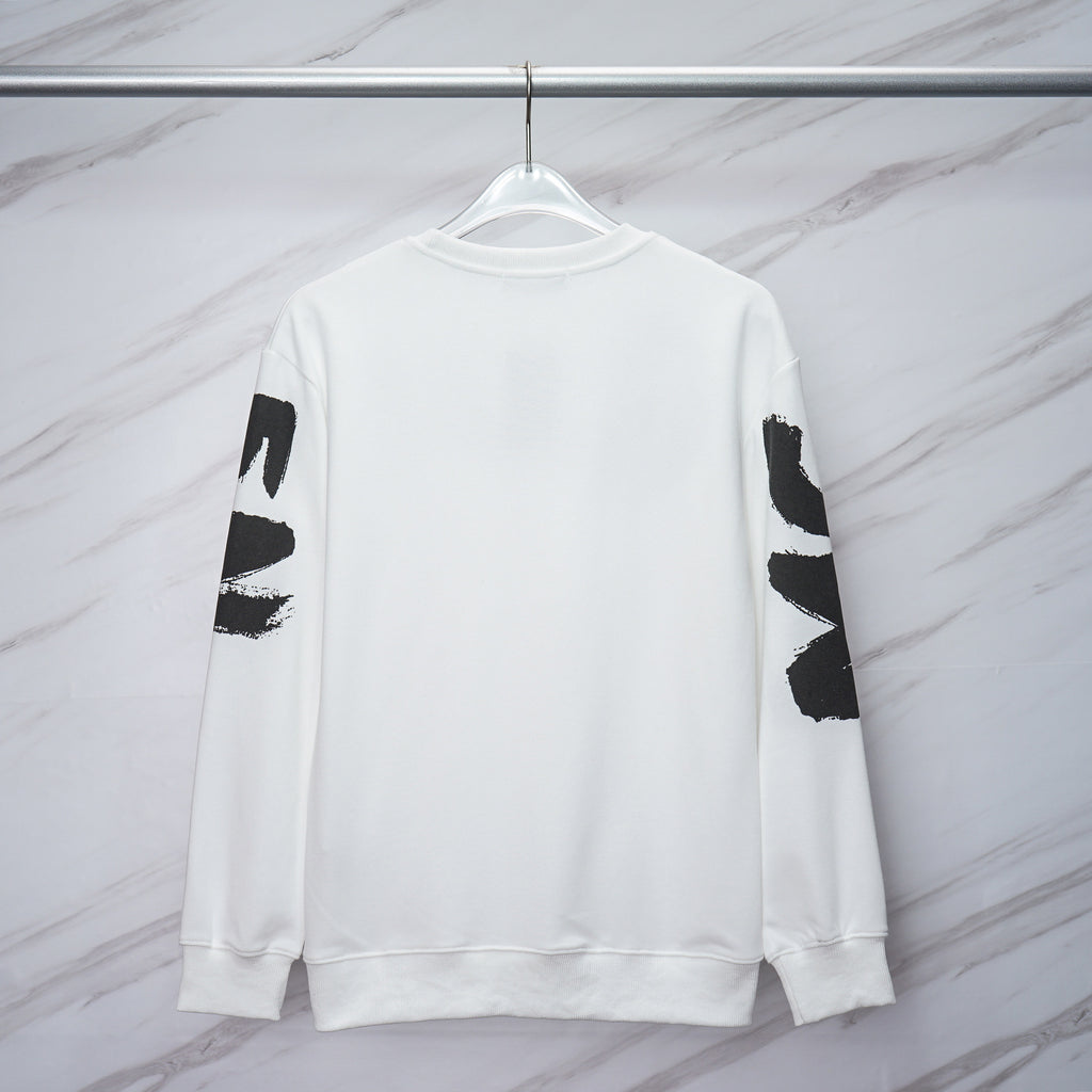 White Alexander McQueen logo sweatshirt, back view with black sleeve lettering