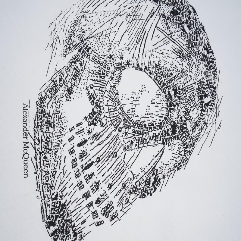 Alexander McQueen T-shirt close-up: monochrome skull face print with textured lines