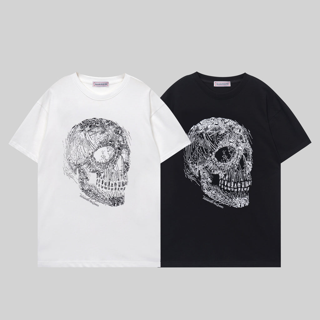 Alexander McQueen crewneck T-shirts, white and black, large silver skull chest graphic