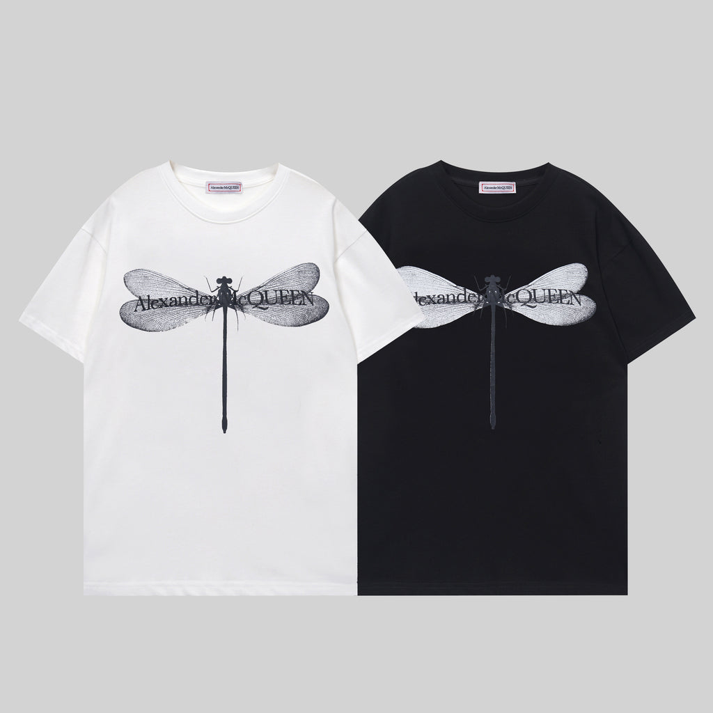 Alexander McQueen crewneck T-shirts, white and black, wing logo with hanging drip print