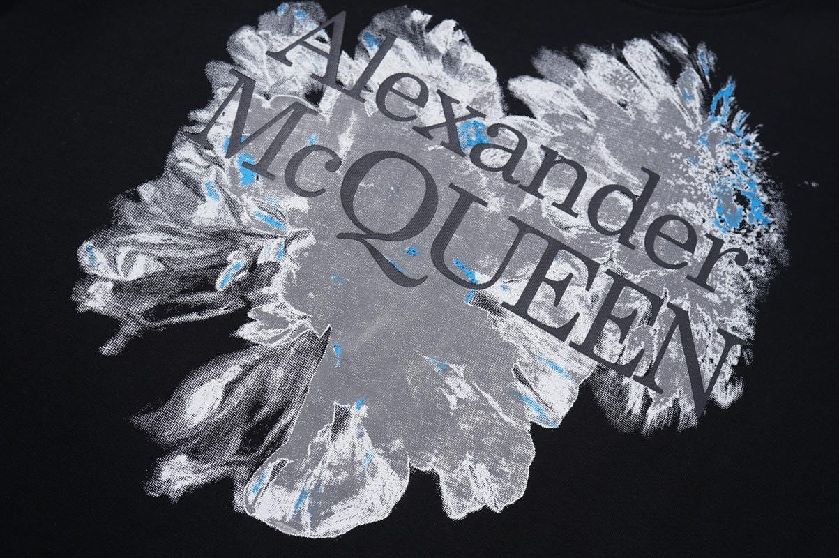 Alexander McQueen T-shirt graphic, black with silver blue floral face print