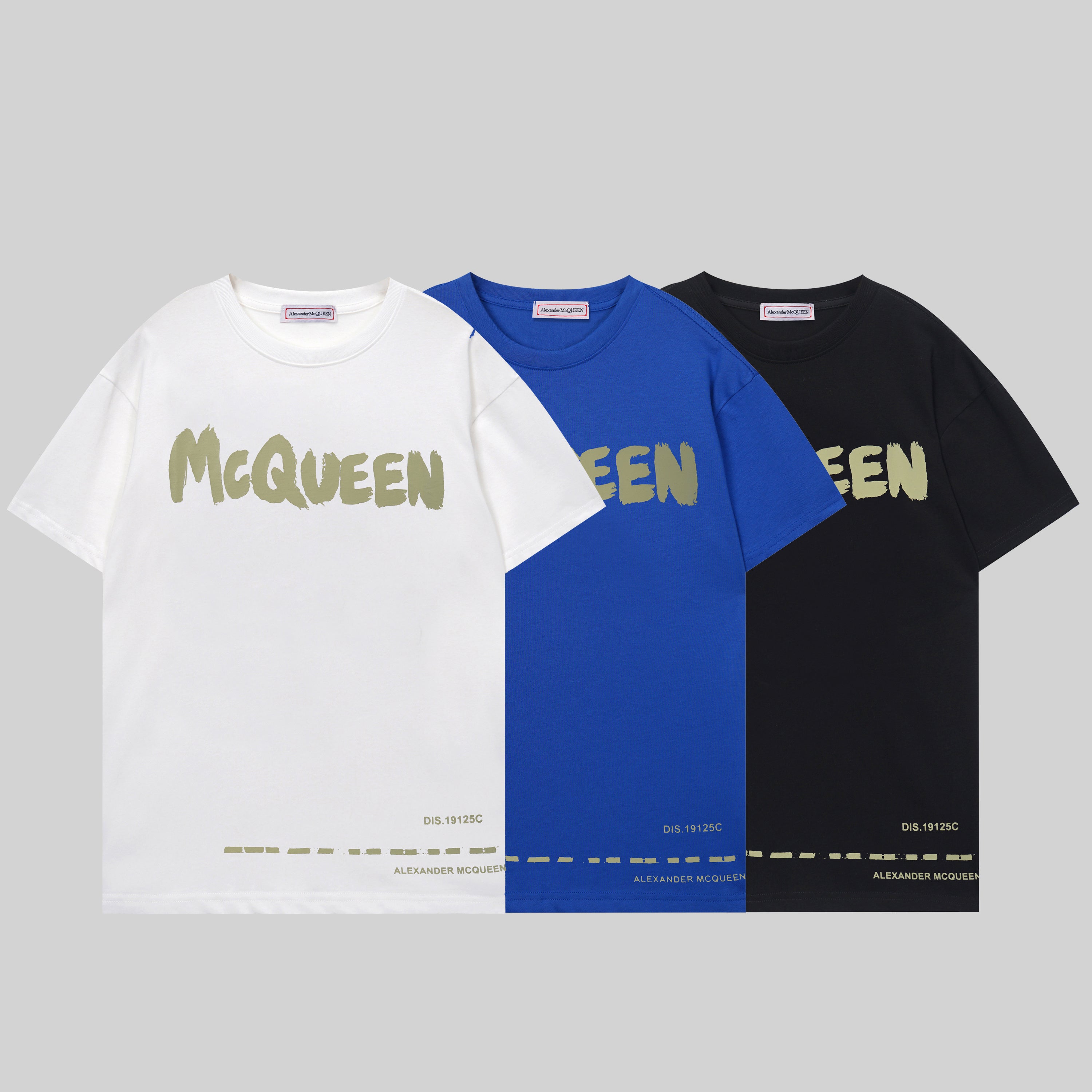 Set of three crewneck T-shirts with McQueen graphic in white, blue, and black
