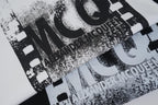 Close-up of MCQ logo graphic on cotton T-shirt front