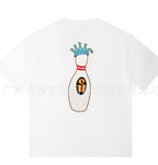 White Stussy graphic T-shirt with back neck and large bottle illustration