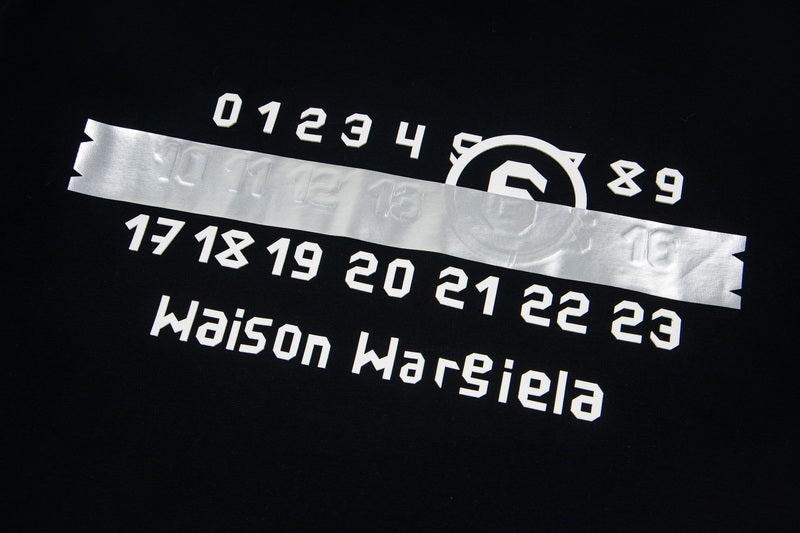 Black crew-neck T-shirt graphic: Maison Margiela numbers and logo print