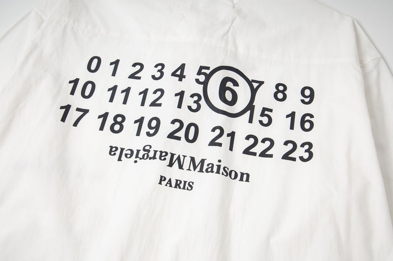White button-up shirt back graphic with numbers and “Maison Margiela”