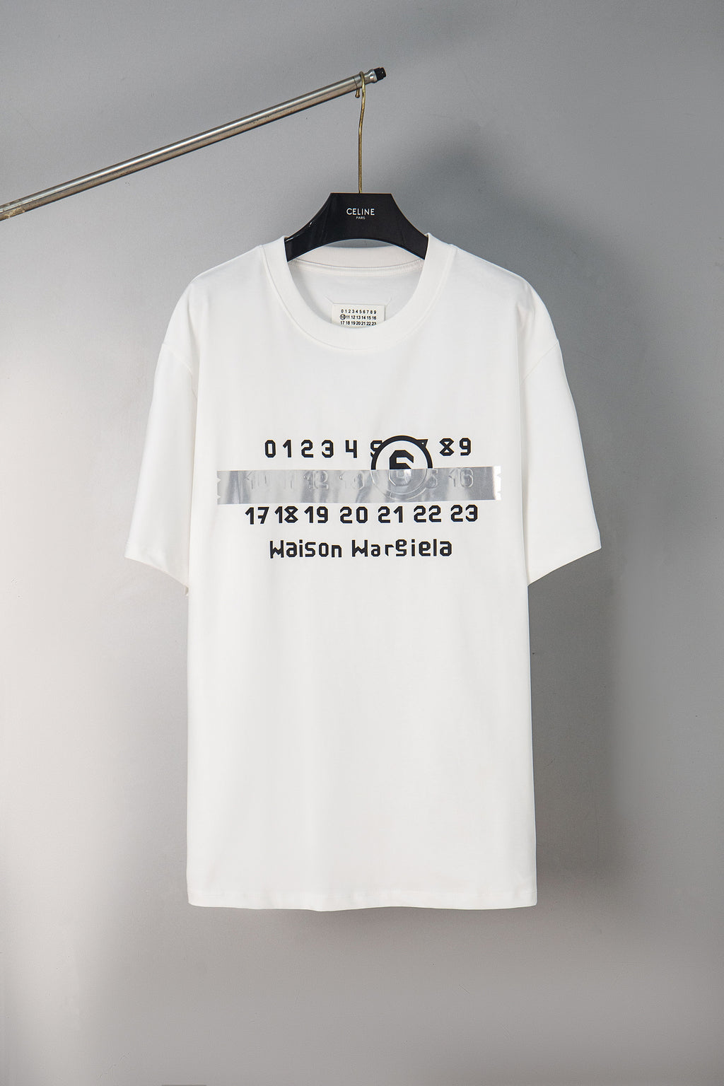 White crew-neck T-shirt with Maison Margiela graphic numbers and logo print
