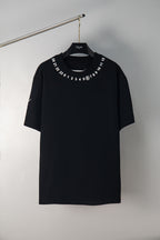 Black crewneck T-shirt with number graphic around neckline, short sleeves.