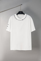 White crewneck T-shirt with number graphic around neckline, short sleeves.