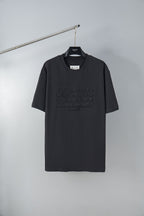 Black short-sleeve T-shirt with crew neck and embossed logo pattern