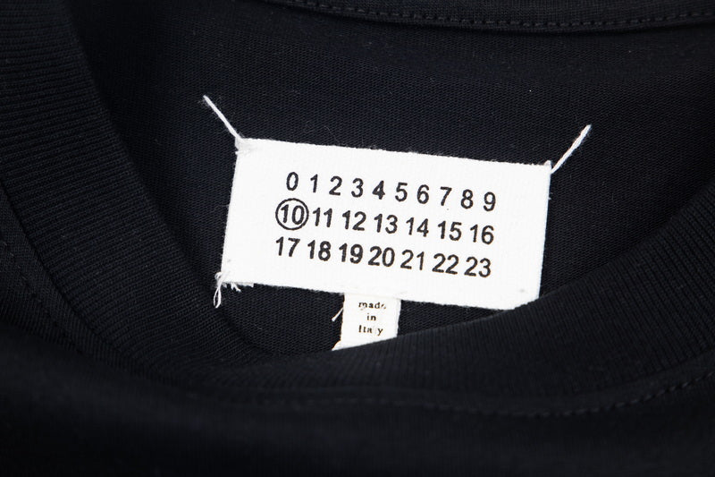Black T-shirt neckline with white size label and number markings