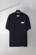 Black crew-neck T-shirt with chest logo label