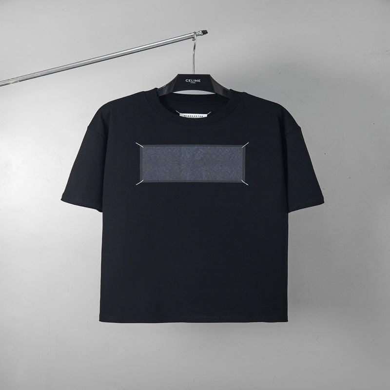 Black short-sleeve T-shirt with gray rectangular graphic at center front