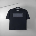 Black short-sleeve T-shirt with gray rectangular graphic at center front