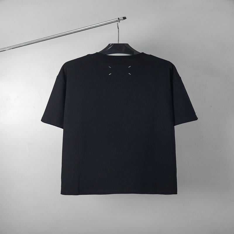 Black short-sleeve T-shirt, back view, with small brand details at collar