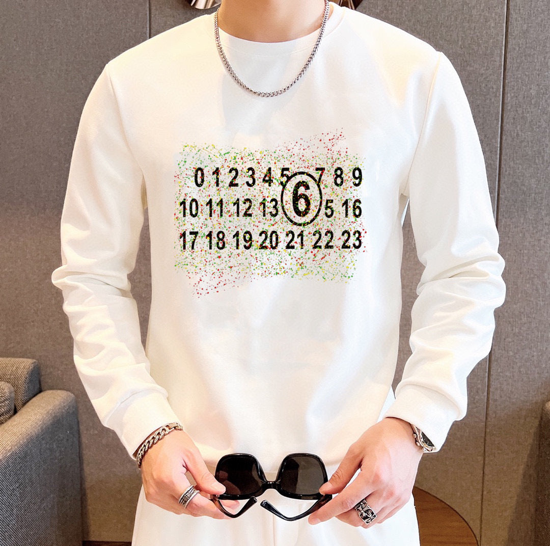White crewneck sweatshirt with colorful number graphic print on chest