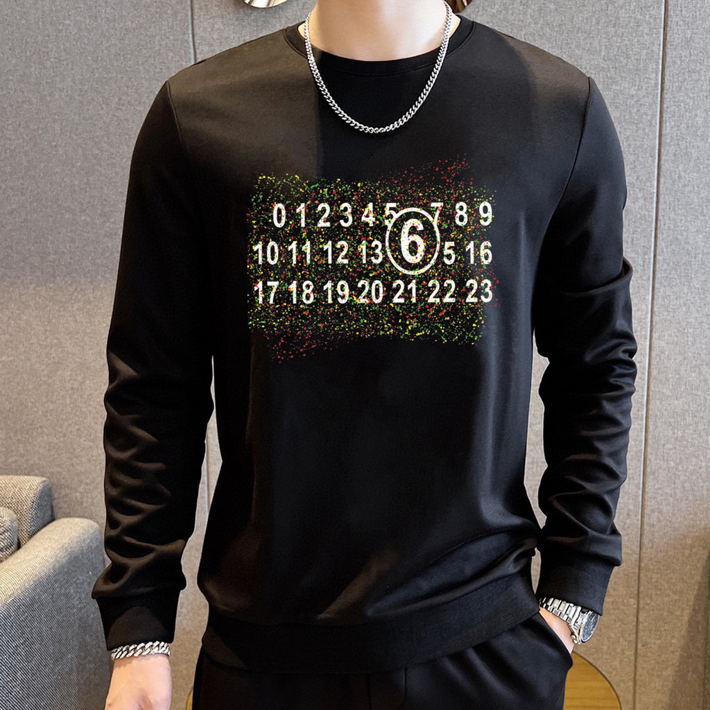Black crewneck sweatshirt with graphic number print across chest, long sleeves