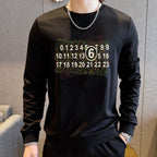 Black crewneck sweatshirt with graphic number print across chest, long sleeves