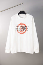 White long-sleeve T-shirt with red number graphic and round emblem on chest