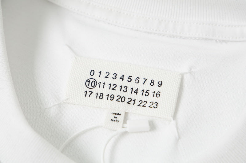White T-shirt neckline label with small oval number graphic and brand text