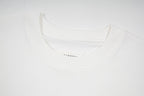 White crewneck T-shirt neckline with printed logo inside the collar