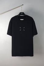 Black crewneck T-shirt with small dash graphic on the chest
