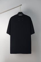 Black crewneck T-shirt with small dash graphic on upper back