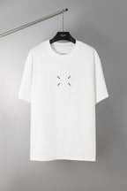 White crewneck T-shirt with small dash graphic on the chest