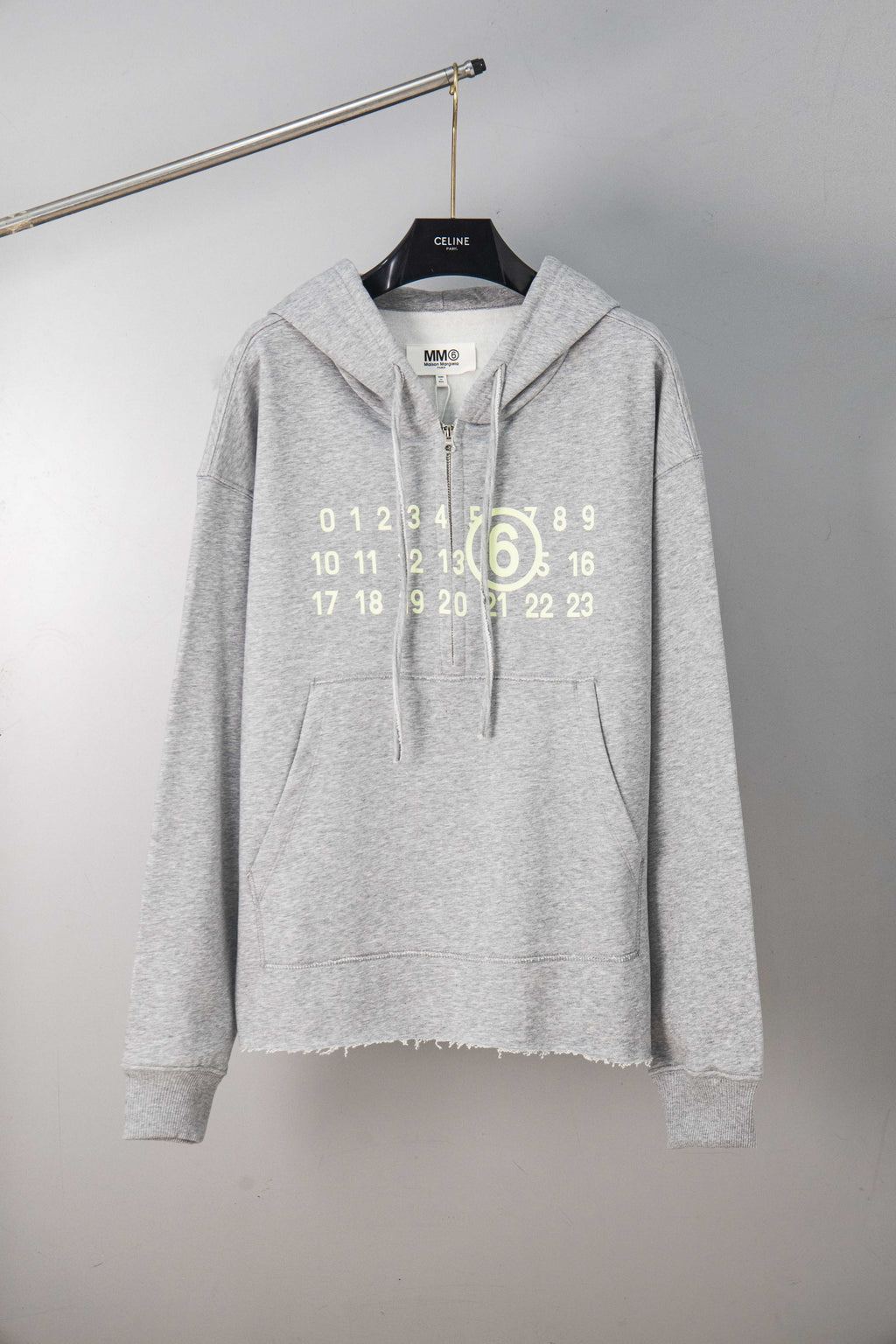 Heather grey MM6 Maison Margiela hooded sweatshirt with half-zip, number graphic, drawstring