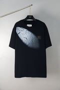 Black crewneck T-shirt with angled light-gray chest print