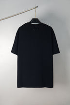 Black crewneck T-shirt with short sleeves, back view