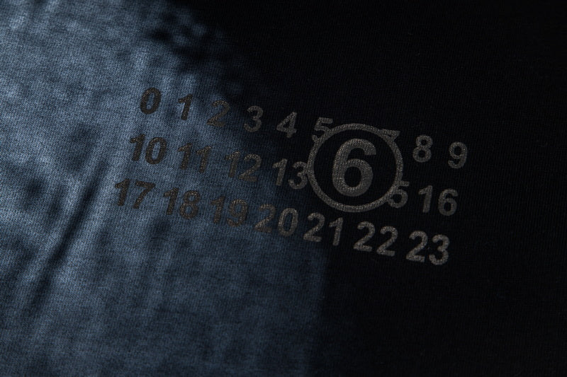 Close-up of black fabric with numeric logo print in light gray