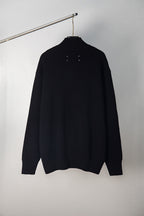 Black knit zip jacket, back view with stand collar and long sleeves