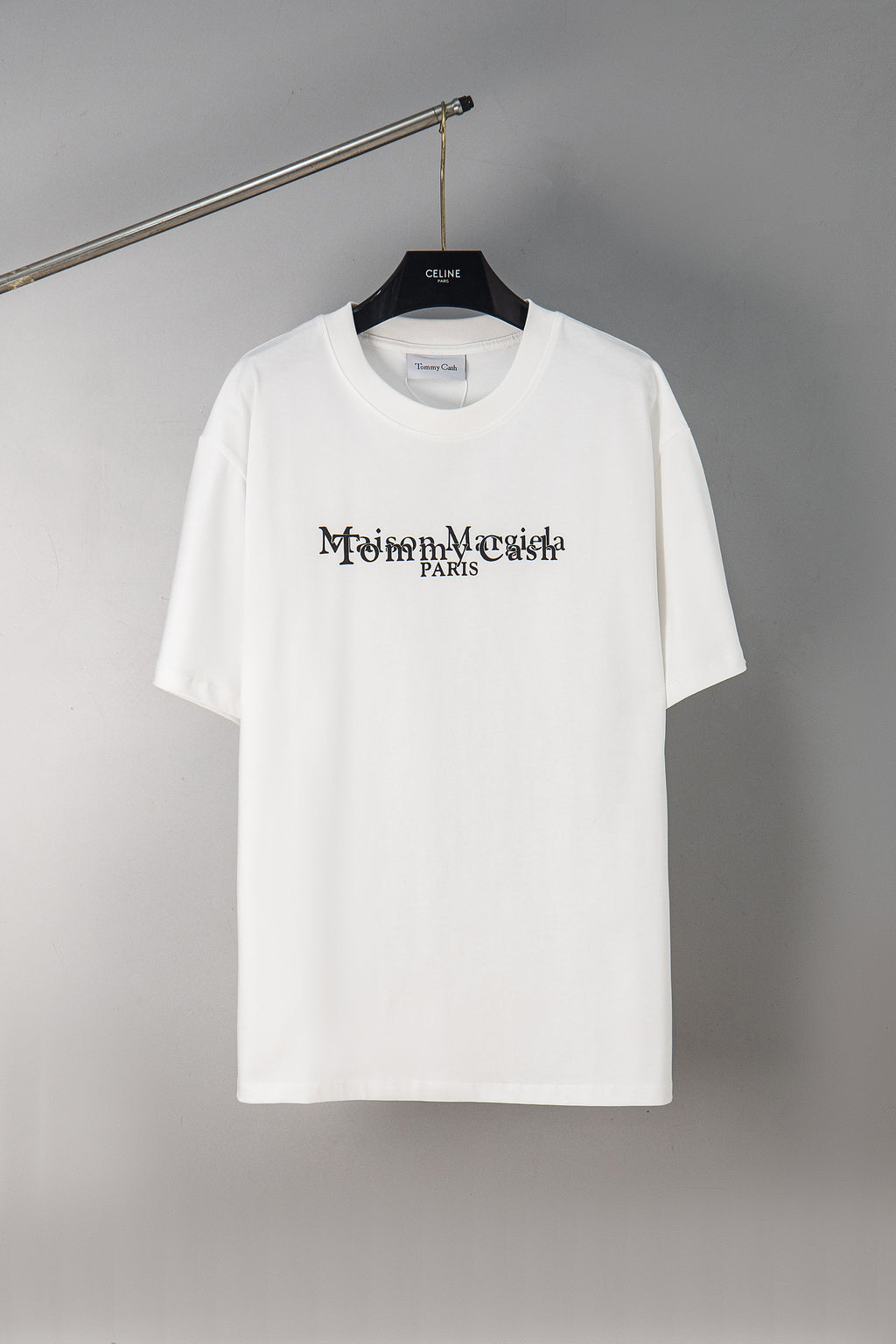 White graphic T-shirt with Maison Margiela Paris logo chest print